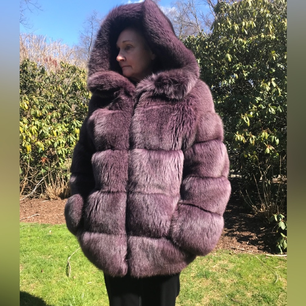 CUSTOM MADE ONE-OF-A-KIND Fox Fur Plum Hooded Bomber Jacket Size 6/8 S/M